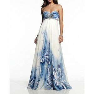 Terani Couture Floral Gown Beaded Bodice Maxi Formal Dress Blue White Size 10